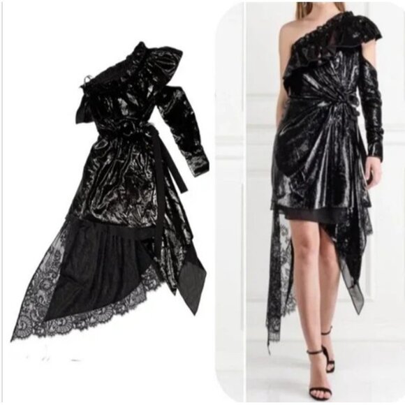 Self-Portrait Shimmering Velvet Black One Sleeve Asymmetrical Dress Size 8